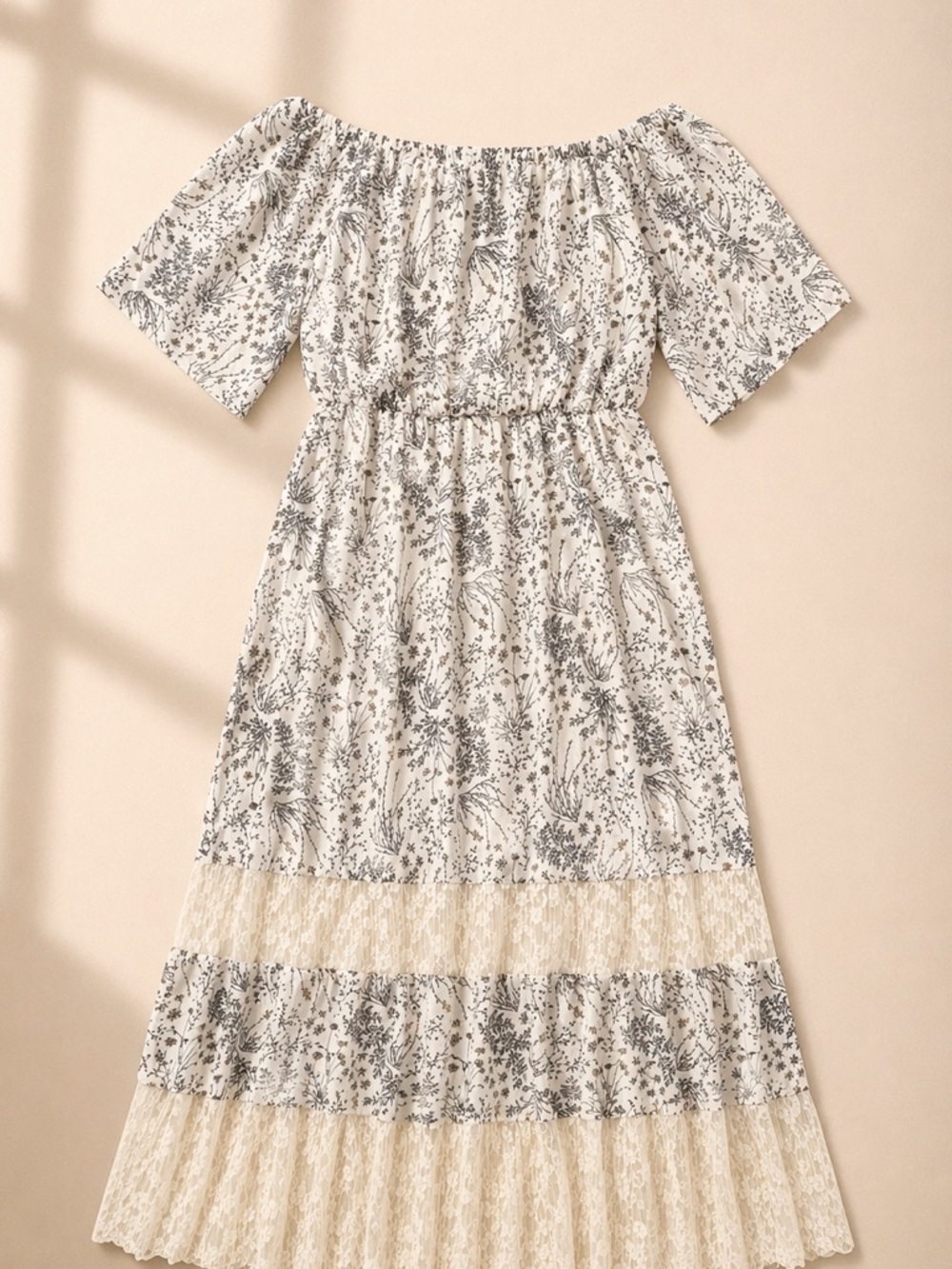 Kentucky Derby Maxi Dress | Cream | Off-Shoulder Floral and Lace | 14/16W